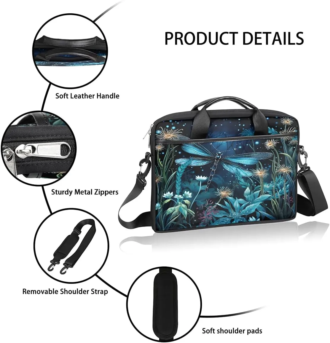 Boho Dragonflies Flowers 15 Inch Laptop Bag Laptop Shoulder Bag Computer Cases for Laptops or Tablets