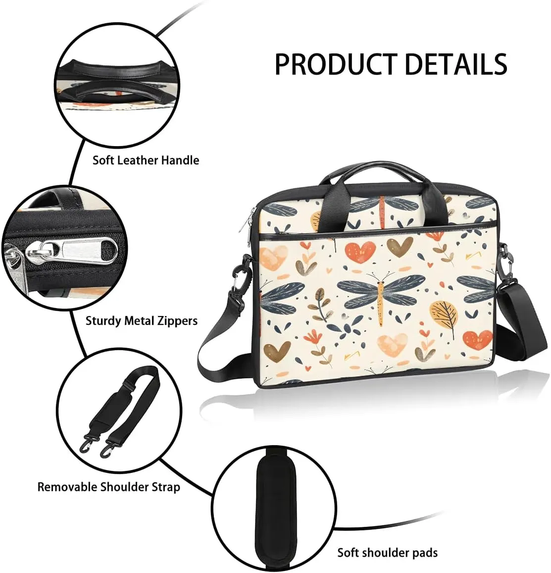 Boho Dragonflies Flowers 15 Inch Laptop Bag Laptop Shoulder Bag Computer Cases for Laptops or Tablets