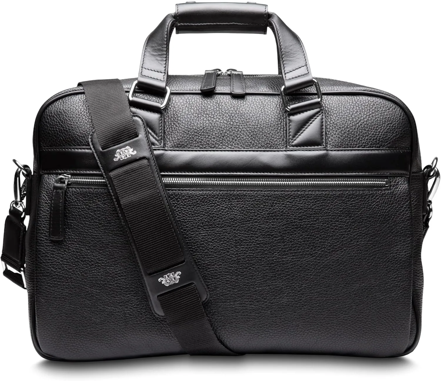 Bosca Leather Messenger Bag for Men Italian Pebble & Smooth Grained Leather - Fits 16" Laptop - RFID Blocking - Trolley Strap - Lightweight - Black