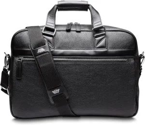 Bosca Leather Messenger Bag for Men Italian Pebble & Smooth Grained Leather - Fits 16" Laptop - RFID Blocking - Trolley Strap - Lightweight - Black