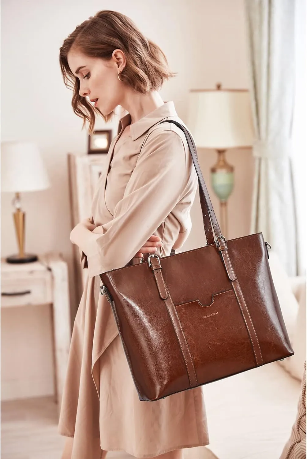 BOSTANTEN Womens Leather Laptop Tote Office Shoulder Handbag Vintage Briefcase 15.6 inch Computer Work Purse