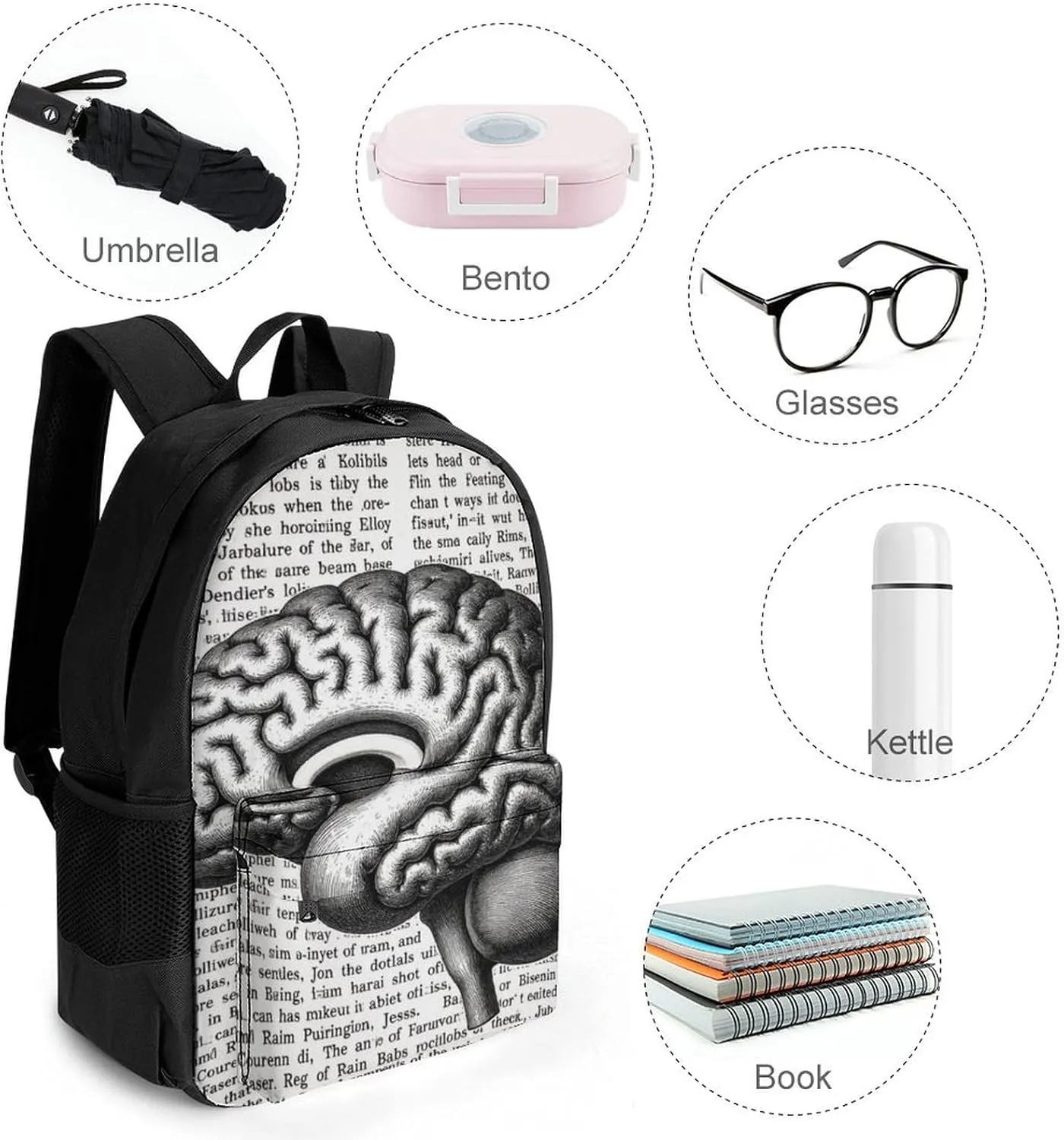 Brain Structure Backpack Polyester Anti-Theft Multipurpose Bookbag Large Capacity Laptop Book Bag Rucksack With Side Pockets