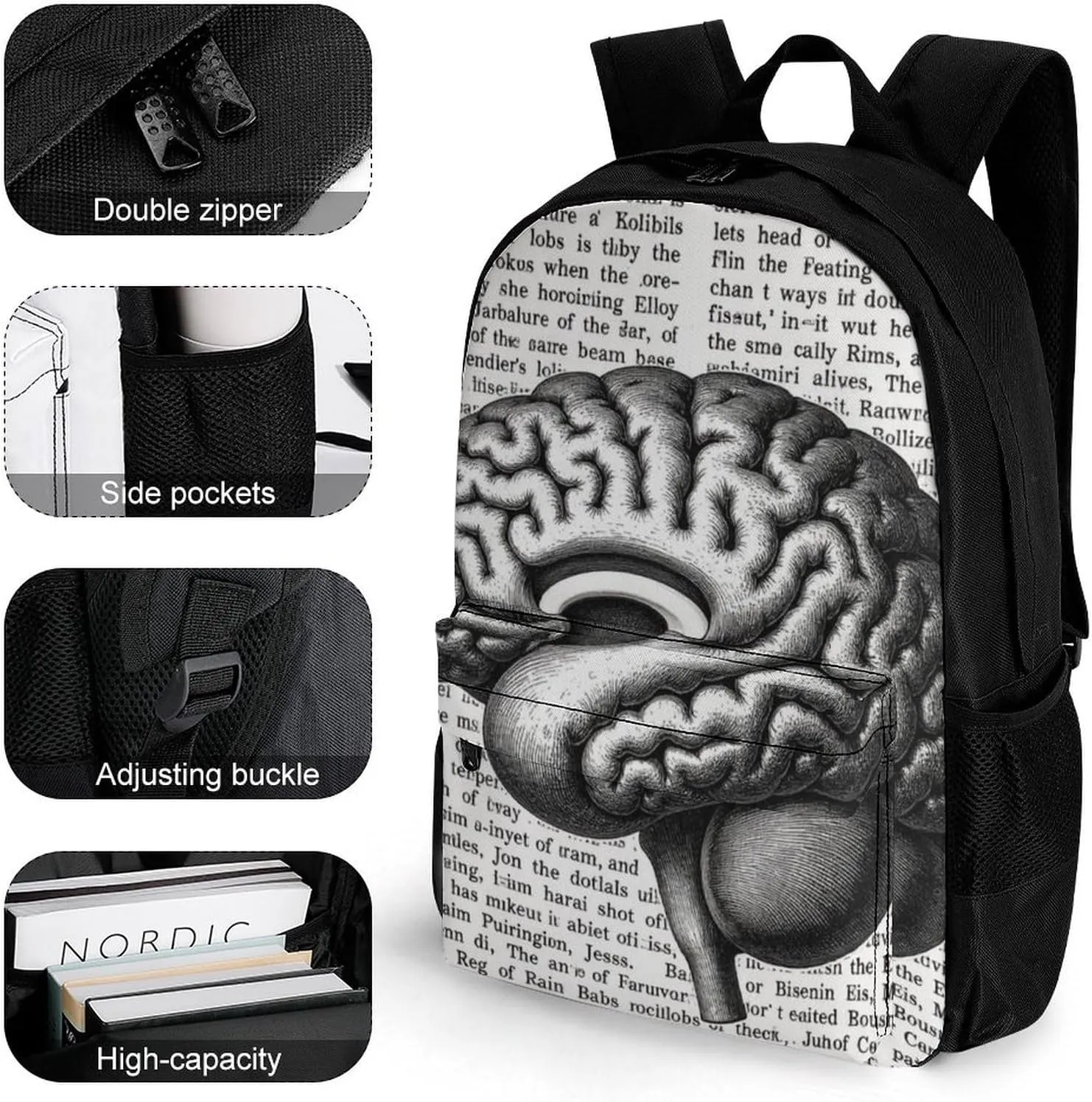 Brain Structure Backpack Polyester Anti-Theft Multipurpose Bookbag Large Capacity Laptop Book Bag Rucksack With Side Pockets