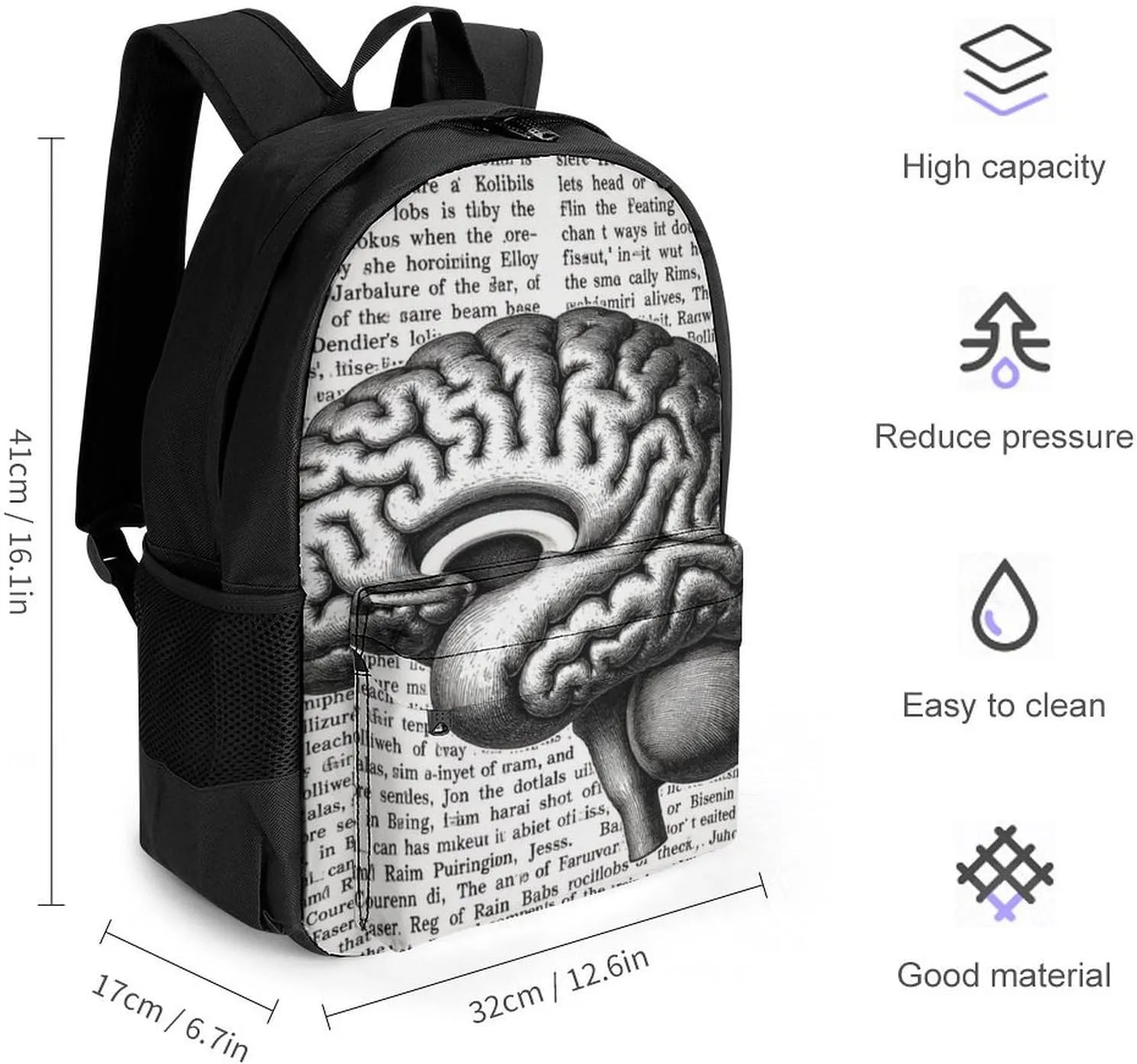 Brain Structure Backpack Polyester Anti-Theft Multipurpose Bookbag Large Capacity Laptop Book Bag Rucksack With Side Pockets