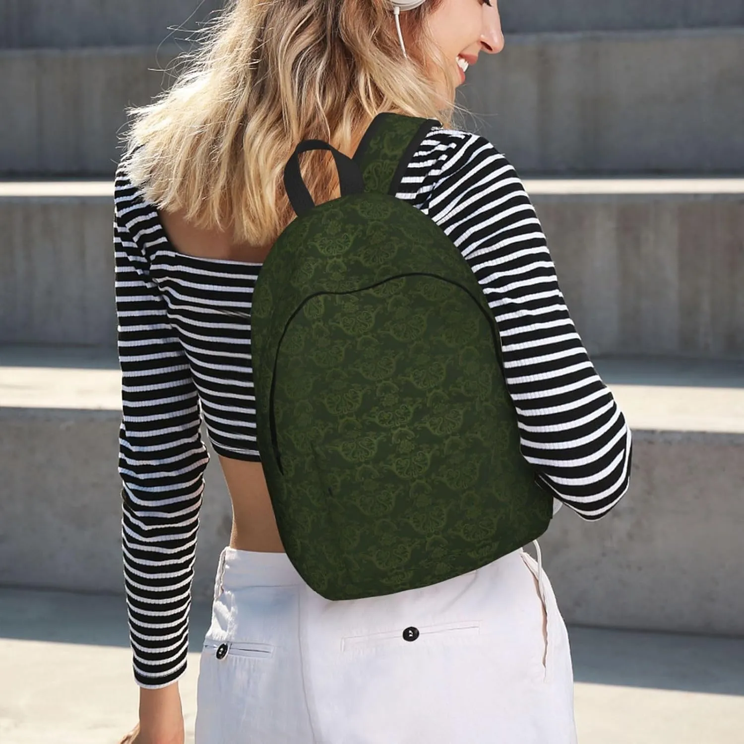 BREAUX Hunter Green Floral Petals Pattern Canvas Casual Lightweight Duffel Bag, Fashion Duffel Bag, Casual Daypack, Unisex Travel Backpack
