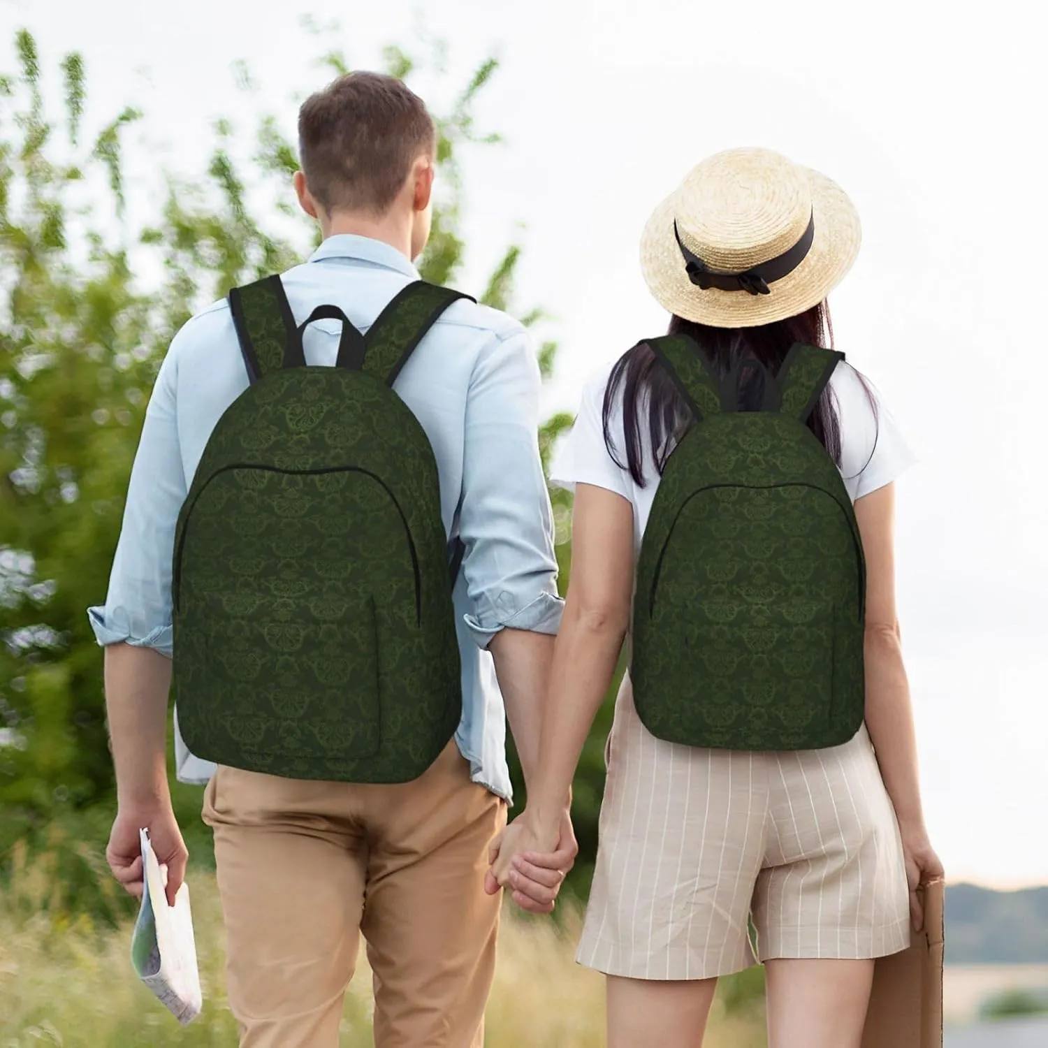 BREAUX Hunter Green Floral Petals Pattern Canvas Casual Lightweight Duffel Bag, Fashion Duffel Bag, Casual Daypack, Unisex Travel Backpack