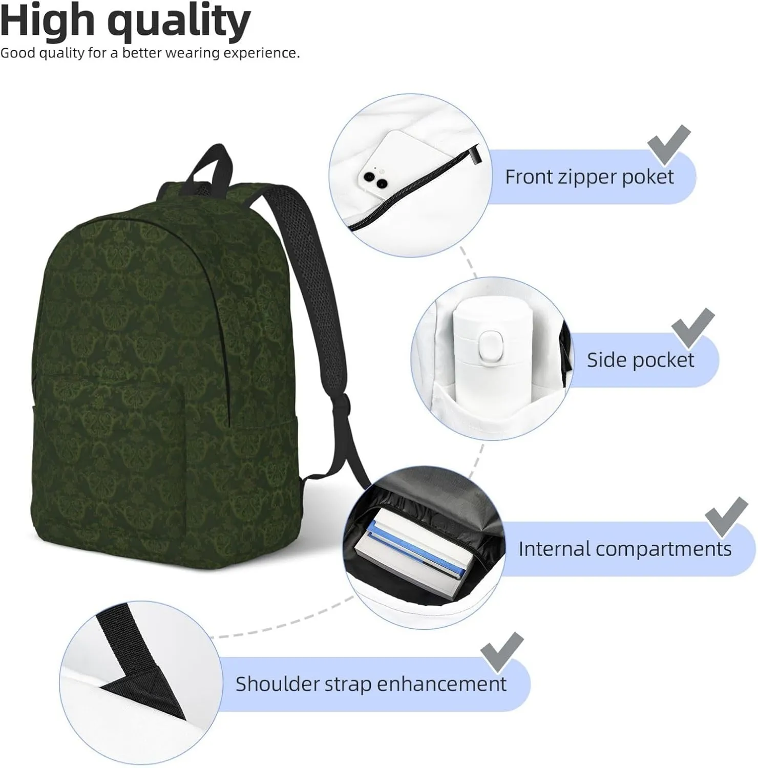 BREAUX Hunter Green Floral Petals Pattern Canvas Casual Lightweight Duffel Bag, Fashion Duffel Bag, Casual Daypack, Unisex Travel Backpack