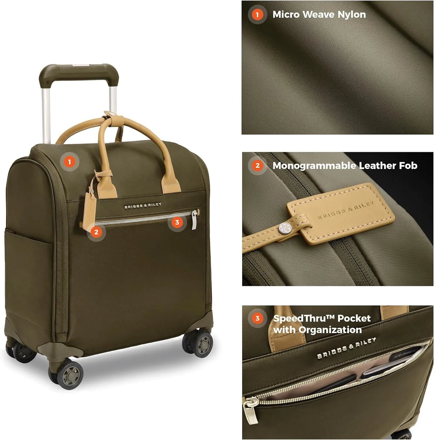Briggs & Riley Wheeled Cabin Bag - Carry On Luggage for Travel, Suitcases with Wheels, Softside Rolling Bag for Men & Women, Interlocking Handle, Fits up to 13" Laptop - Rhapsody Collection, Olive
