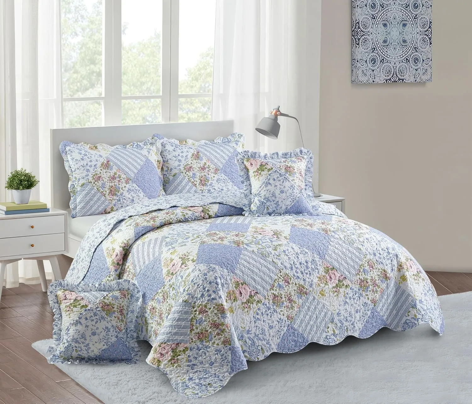 Brilliant Sunshine Blue Rose Ruffle Pillowshams, Quilted Patchwork Decorative Pillow Covers Set, Washable Square Throw Cushion Cases for Couch, Reclining Chair, Car, Bed, 18x18, Pack of 2