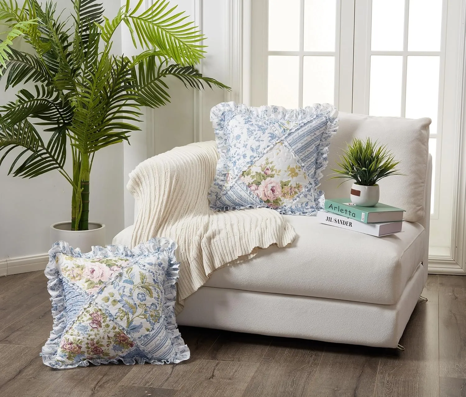 Brilliant Sunshine Blue Rose Ruffle Pillowshams, Quilted Patchwork Decorative Pillow Covers Set, Washable Square Throw Cushion Cases for Couch, Reclining Chair, Car, Bed, 18x18, Pack of 2