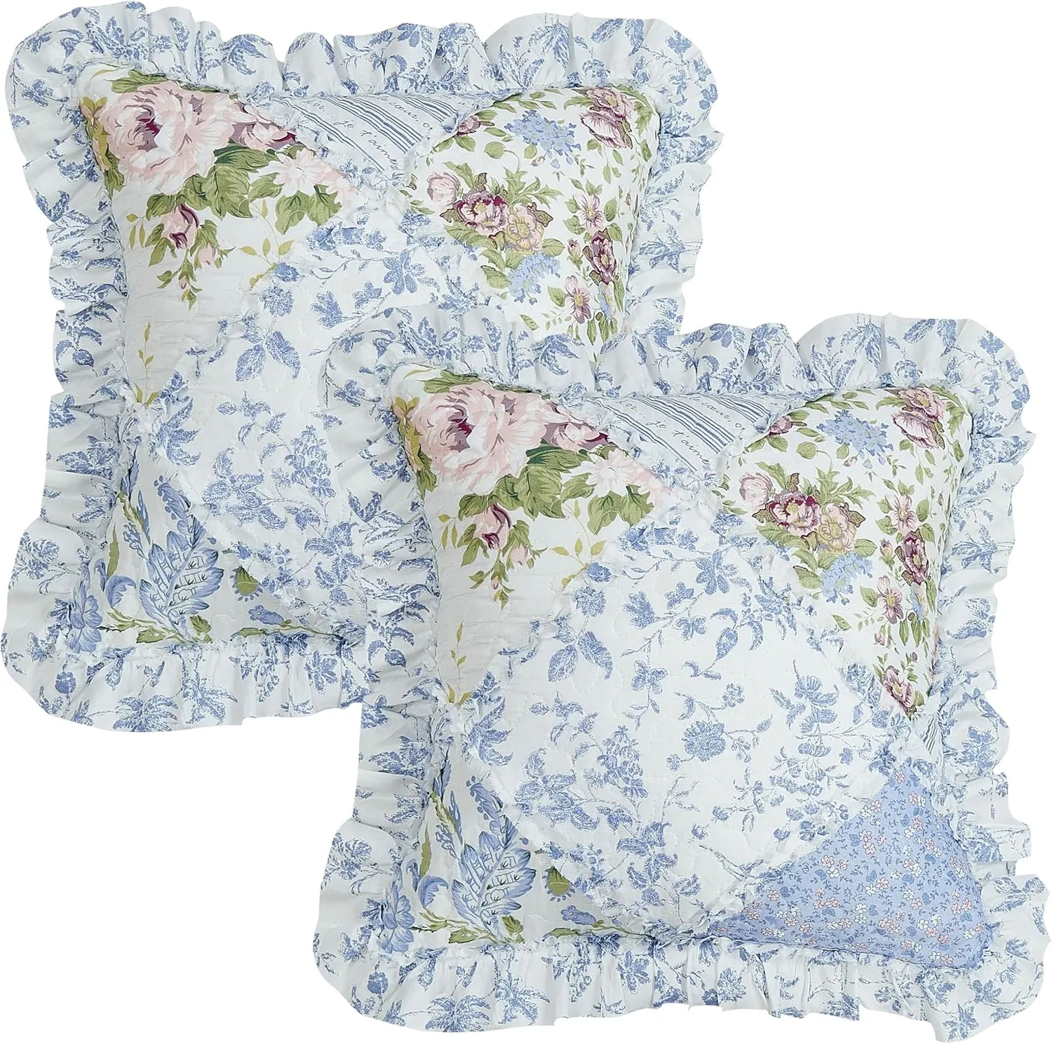 Brilliant Sunshine Blue Rose Ruffle Pillowshams, Quilted Patchwork Decorative Pillow Covers Set, Washable Square Throw Cushion Cases for Couch, Reclining Chair, Car, Bed, 18x18, Pack of 2