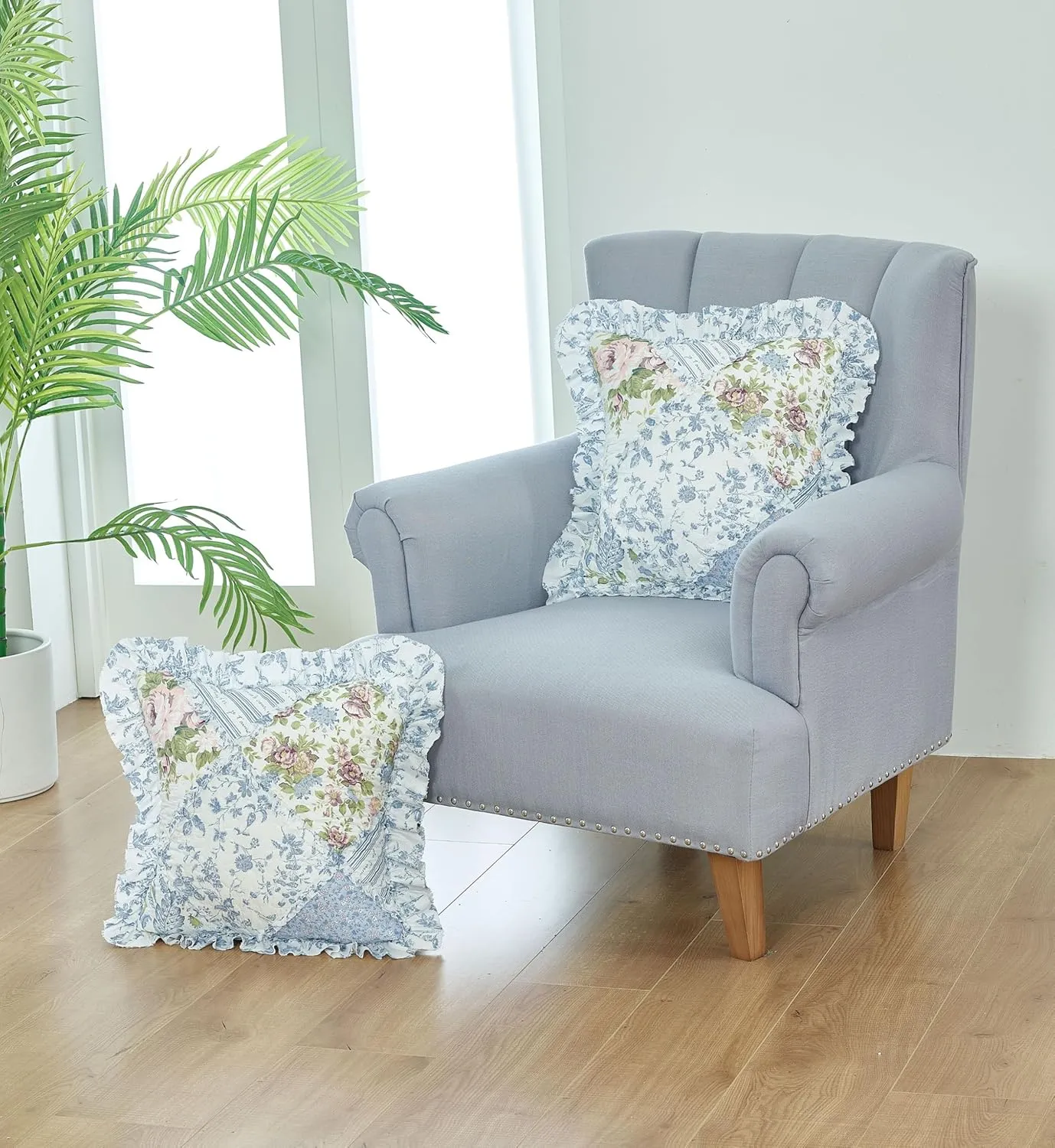 Brilliant Sunshine Blue Rose Ruffle Pillowshams, Quilted Patchwork Decorative Pillow Covers Set, Washable Square Throw Cushion Cases for Couch, Reclining Chair, Car, Bed, 18x18, Pack of 2