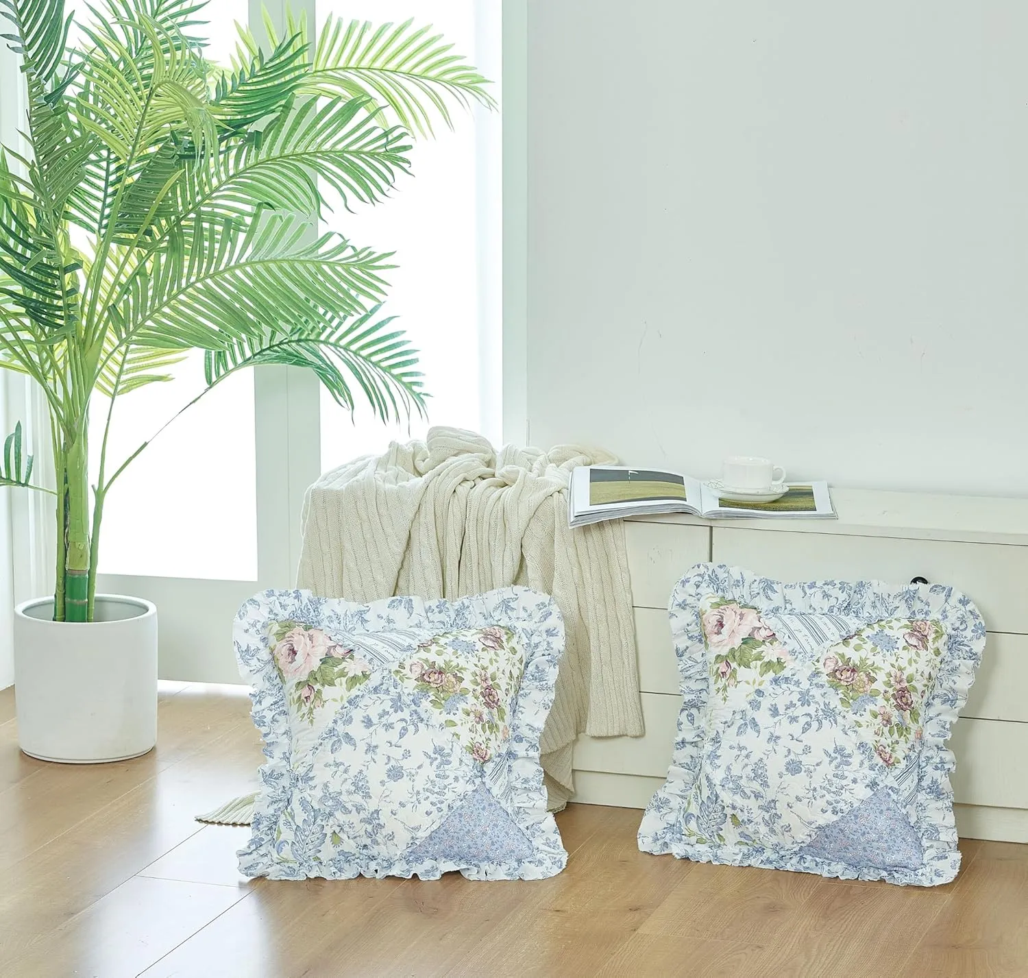 Brilliant Sunshine Blue Rose Ruffle Pillowshams, Quilted Patchwork Decorative Pillow Covers Set, Washable Square Throw Cushion Cases for Couch, Reclining Chair, Car, Bed, 18x18, Pack of 2