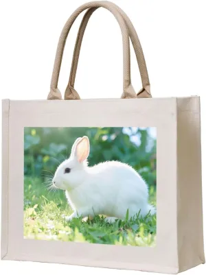 Bunny on The Grass Print 3D Canvas Handbags - Hot Stamping,Grocery Shopping,Washable Canvas Bags With Handles
