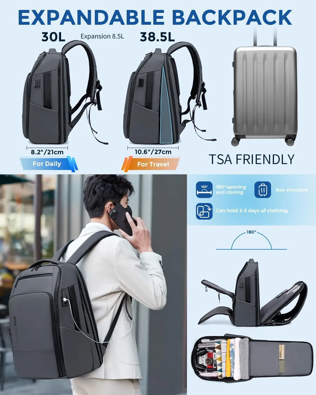Business Laptop Backpack, Expandable Water Resistant 17 Inch Computer Backpack for Men with USB Port, Mens Carry on Travel Laptop Bag for Work/College, Grey