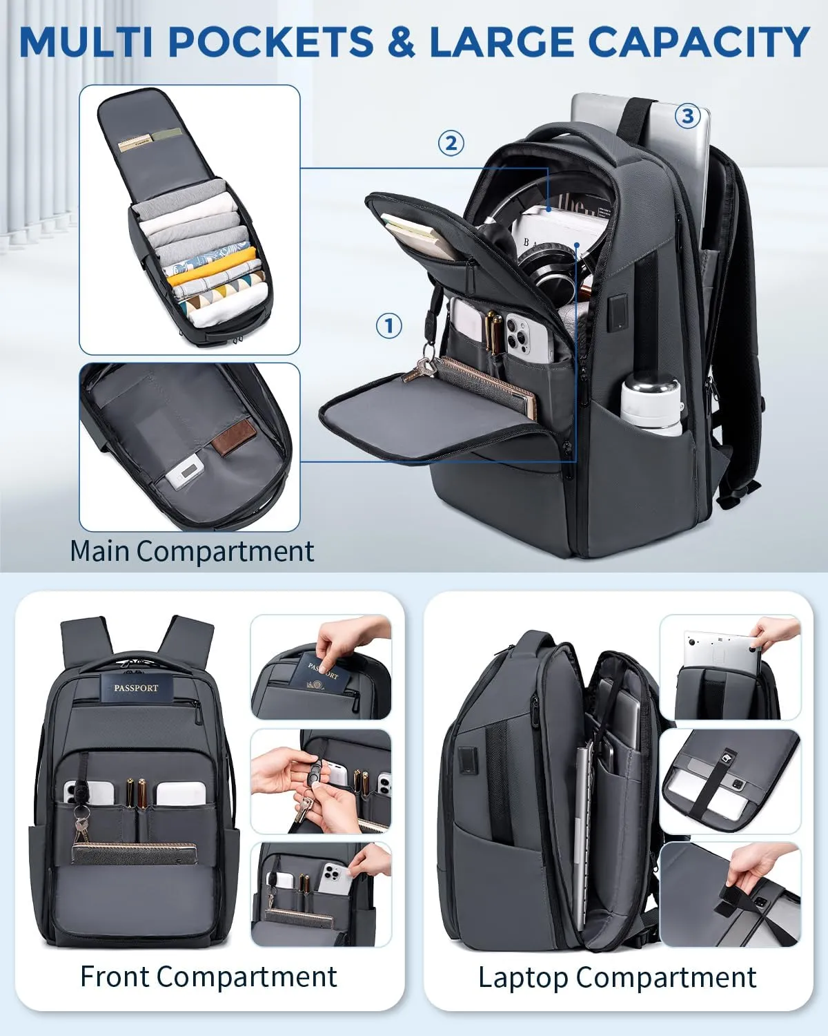 Business Laptop Backpack, Expandable Water Resistant 17 Inch Computer Backpack for Men with USB Port, Mens Carry on Travel Laptop Bag for Work/College, Grey