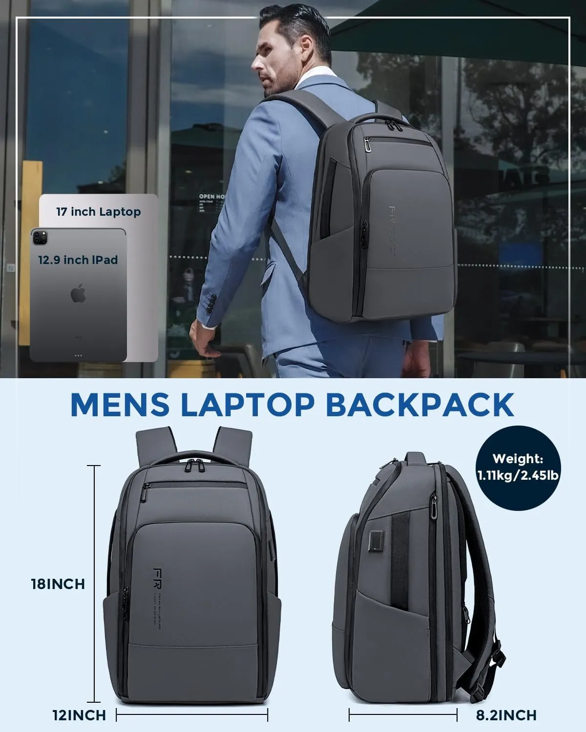 Business Laptop Backpack, Expandable Water Resistant 17 Inch Computer Backpack for Men with USB Port, Mens Carry on Travel Laptop Bag for Work/College, Grey