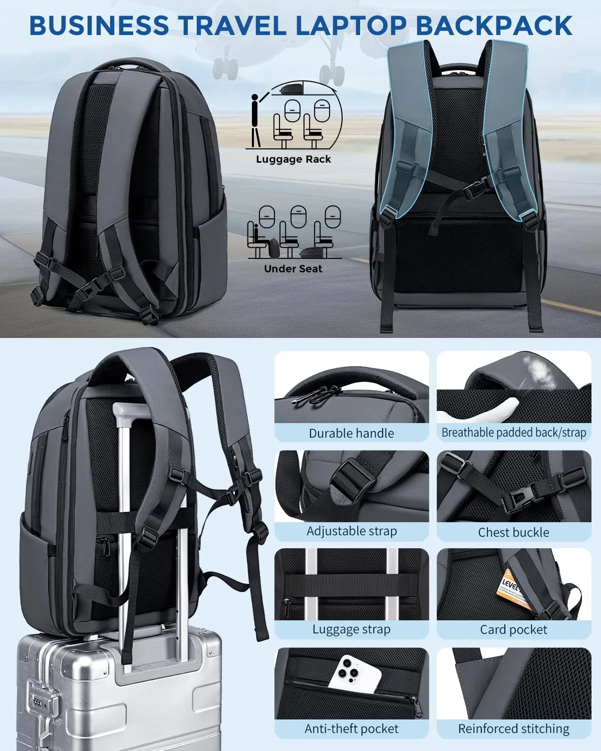 Business Laptop Backpack, Expandable Water Resistant 17 Inch Computer Backpack for Men with USB Port, Mens Carry on Travel Laptop Bag for Work/College, Grey