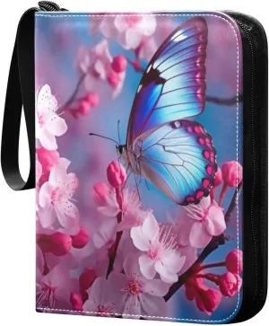 Butterfly Flower Pink Card Binder 4 Pocket Trading Card Album Fits 400 Sports/Game Cards, PU Cover 3 Ring Card Collection with 50 Removable Sleeves