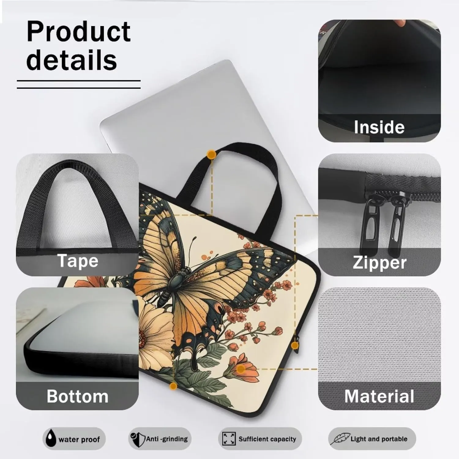 Butterfly Slim Laptop Case for Professional Use Floral Laptop Bag Sleeve for Teens School Lightweight Laptop Handbag for Daily Office Use Anti-Scratch Notebook Briefcase