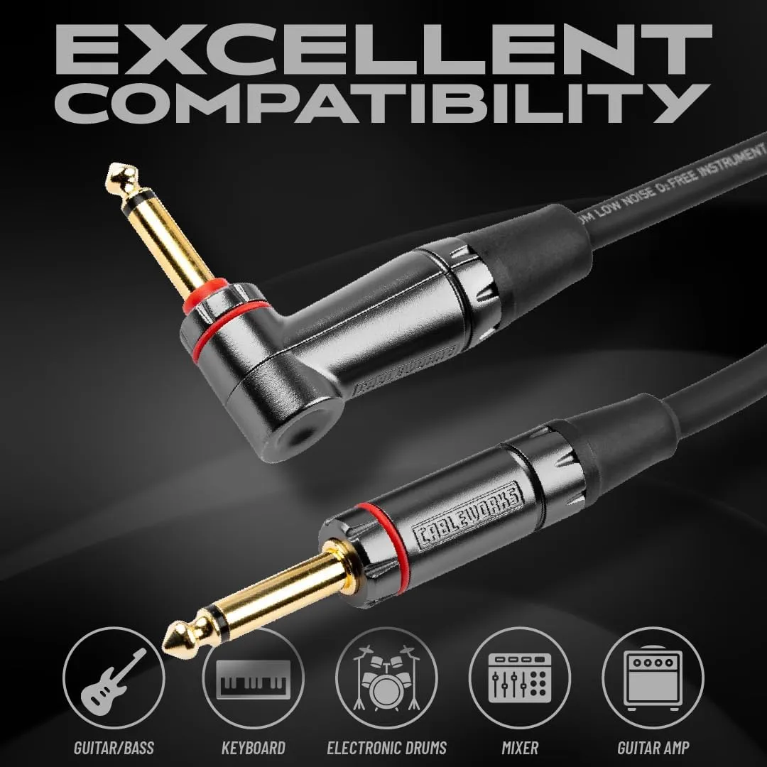 by Gator Cases Headliner Series Premium 10 Foot Straight to Right Angle Guitar Instrument Cable with Quiet Switch Technology, (GCWH-INS-10RAQT)