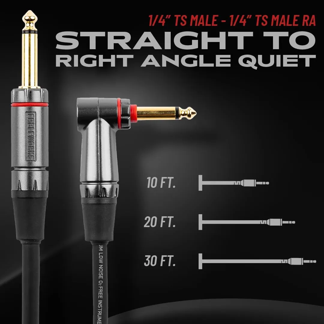 by Gator Cases Headliner Series Premium 10 Foot Straight to Right Angle Guitar Instrument Cable with Quiet Switch Technology, (GCWH-INS-10RAQT)