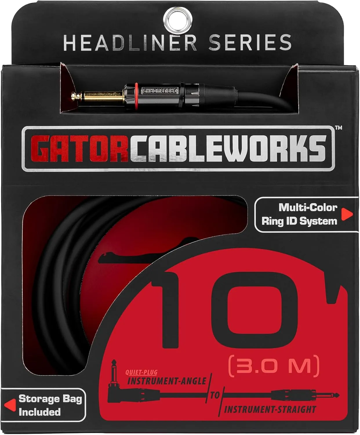 by Gator Cases Headliner Series Premium 10 Foot Straight to Right Angle Guitar Instrument Cable with Quiet Switch Technology, (GCWH-INS-10RAQT)