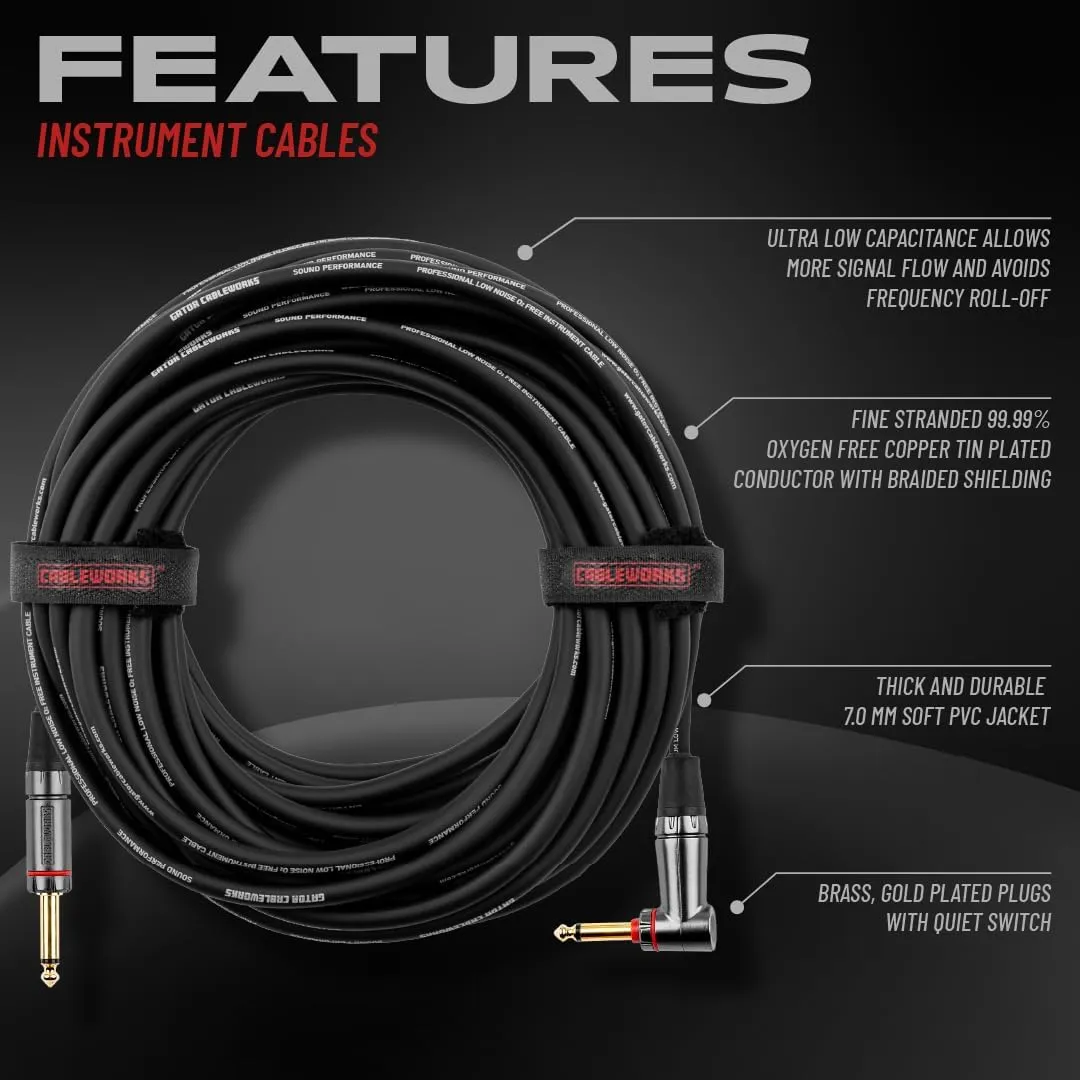 by Gator Cases Headliner Series Premium 10 Foot Straight to Right Angle Guitar Instrument Cable with Quiet Switch Technology, (GCWH-INS-10RAQT)