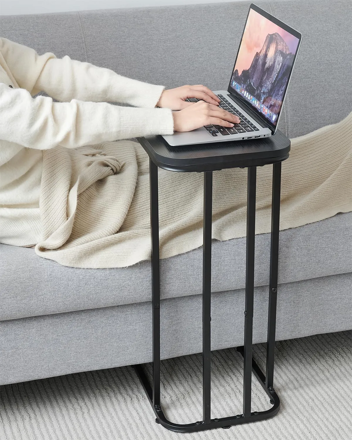 C Shaped End Table, 27 Inches High Small Side Table for Sofa and Bed, Couch Table That Slides Under, Tall Tv Tray Table for Living Room, Bedroom, Metal Frame, Ebony Black