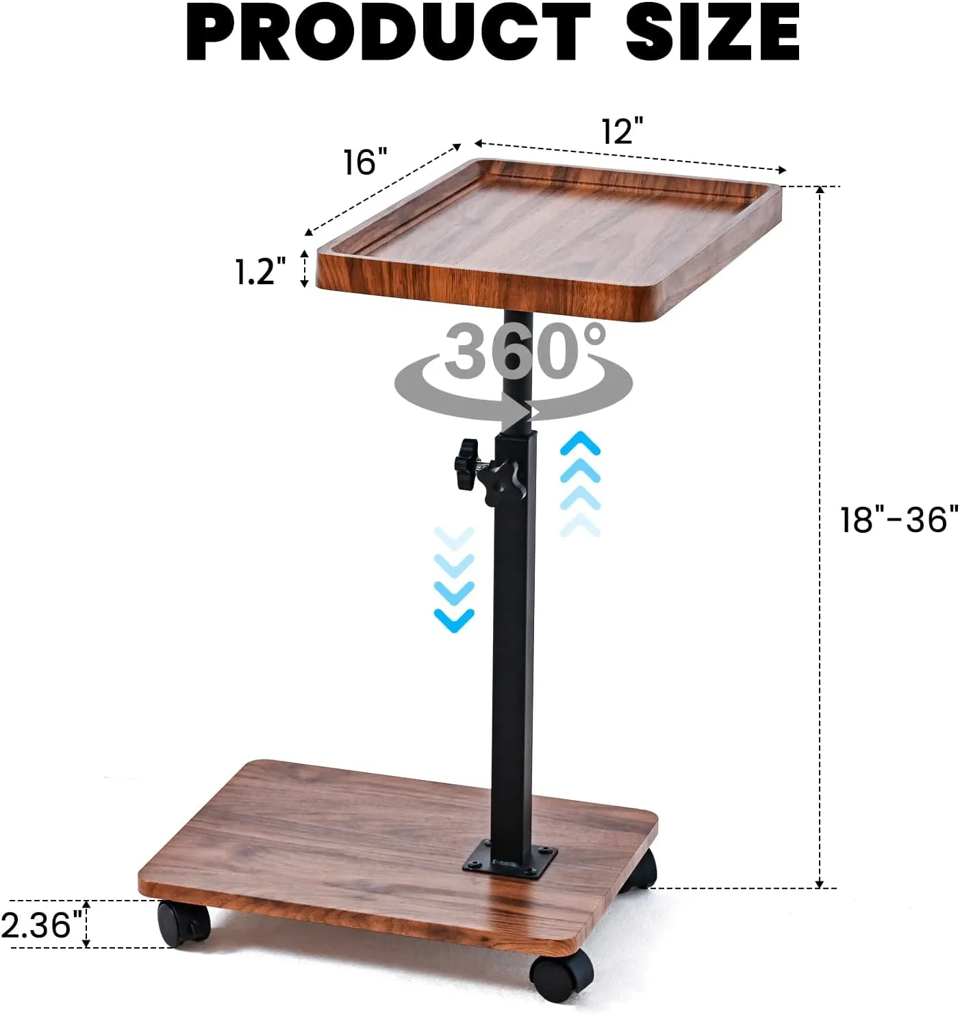 C Table End Table Adjustable Height,C Shaped End for Couch，Snack Tables,360°Swivel TV Tray Sofa Table,Tables That Slide Under,Coffee SideTable for Bed,Chair,Bath-tub(Walnut Color)