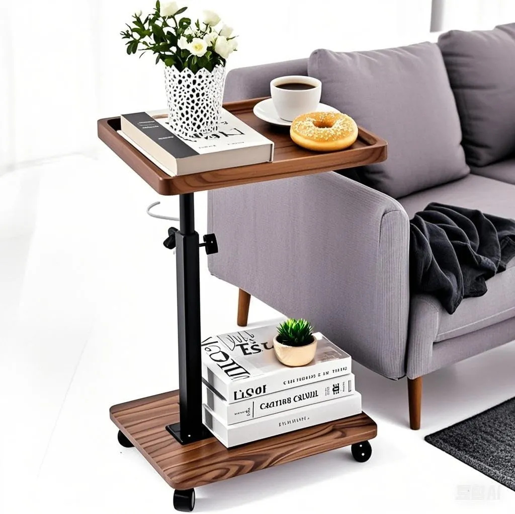 C Table End Table Adjustable Height,C Shaped End for Couch，Snack Tables,360°Swivel TV Tray Sofa Table,Tables That Slide Under,Coffee SideTable for Bed,Chair,Bath-tub(Walnut Color)
