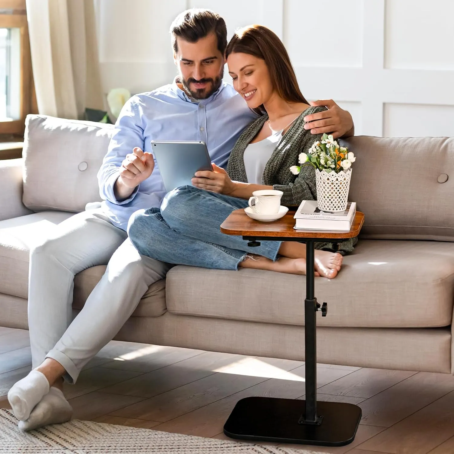 C Table End Table Adjustable Height,Laptop Table for Couch、Bed、Reading Nook,C Shaped End Table,360°Swivel TV Tray Table,Couch Tables That Slide Under,Coffee Side-White