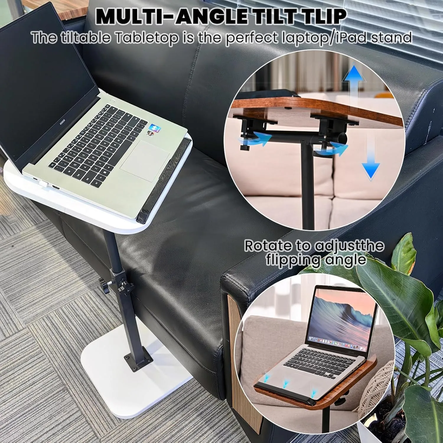 C Table End Table Adjustable Height,Laptop Table for Couch、Bed、Reading Nook,C Shaped End Table,360°Swivel TV Tray Table,Couch Tables That Slide Under,Coffee Side-White