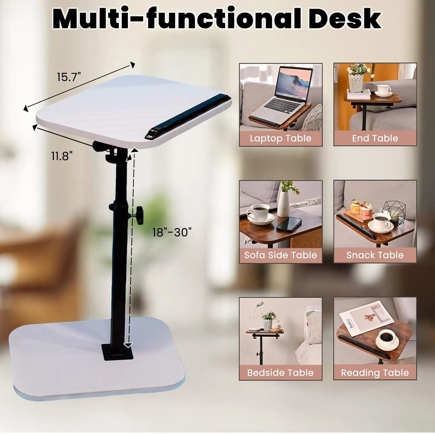 C Table End Table Adjustable Height,Laptop Table for Couch、Bed、Reading Nook,C Shaped End Table,360°Swivel TV Tray Table,Couch Tables That Slide Under,Coffee Side-White