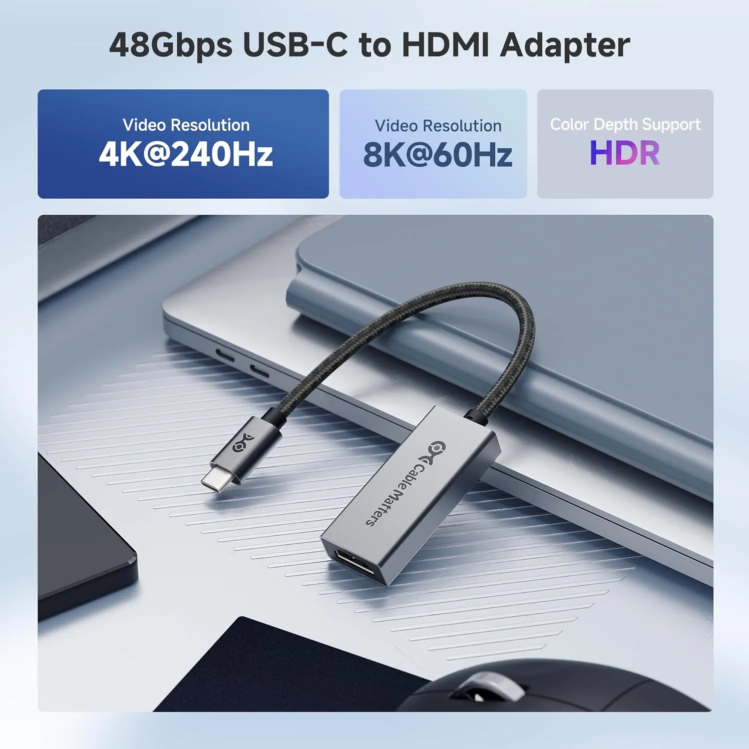 Cable Matters 48Gbps USB C to HDMI 2.1 Adapter, Supports 8K 60Hz / 4K 240Hz HDR, Thunderbolt 4 to HDMI2.1, HDMI 2.1 to USB C Adapter, Compatible with Thunderbolt 5 - Max Resolution on Mac is 4K@60Hz