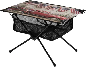 Camping Table Lightweight Portable Folding Table with Mesh Storage Net Flower Red Car America Ideal for Camping Hiking Beach Picnic Travel Backyard