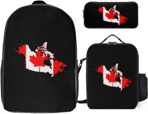 Canada Flag Map Fashion 17 in Backpack 3PC Sets Cute Printed Insulated Lunch Bag Set with Pencil Case