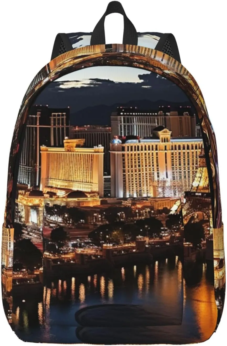 Canvas Backpack for Men Women Laptop Backpack Las Vegas night view Travel Rucksack Lightweight Canvas Daypack
