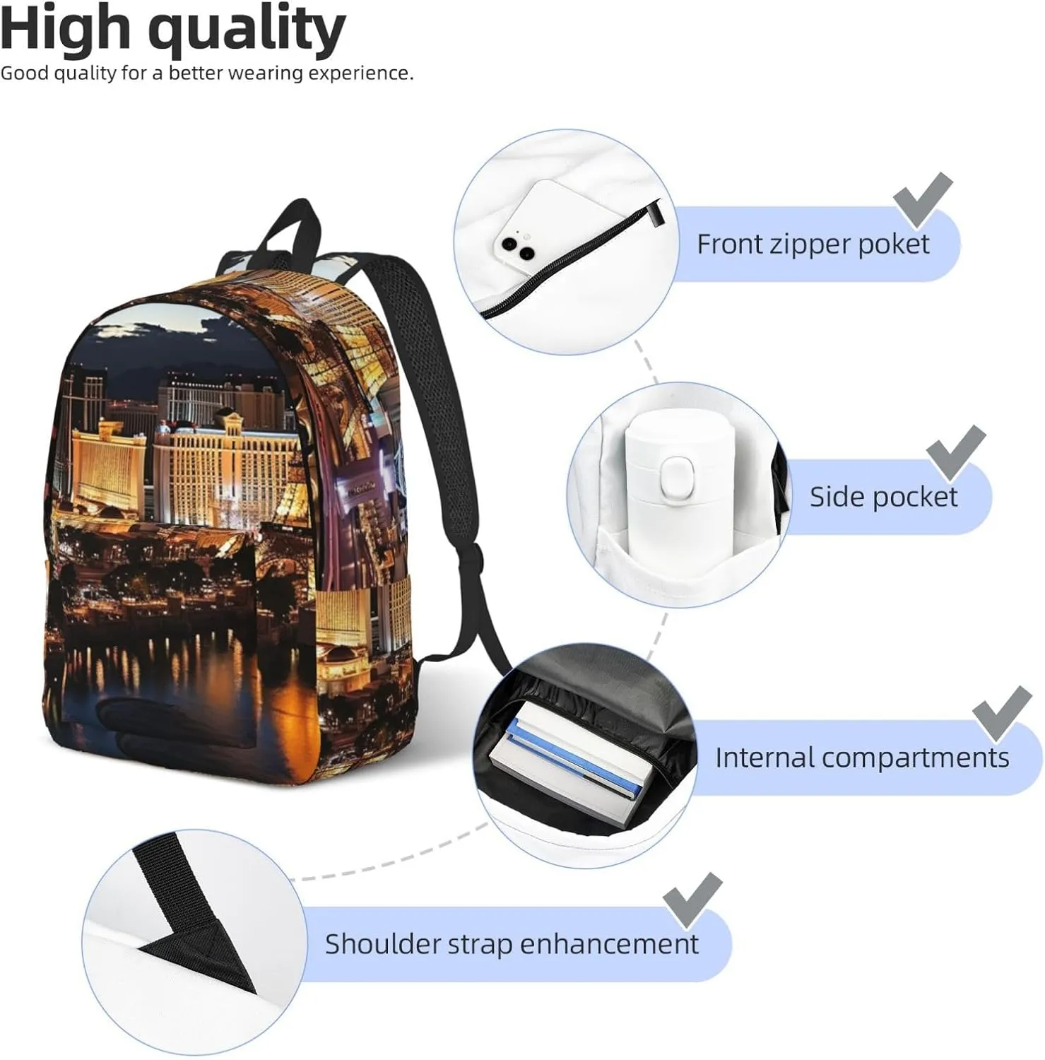 Canvas Backpack for Men Women Laptop Backpack Las Vegas night view Travel Rucksack Lightweight Canvas Daypack