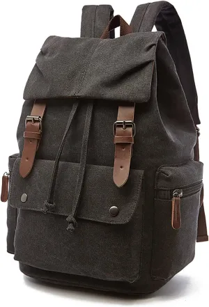 Canvas Backpack Rucksack Genuine Leather Casual Daypack College Bookbag for Men Women Outdoor Cycling Hiking Travel Laptop Black