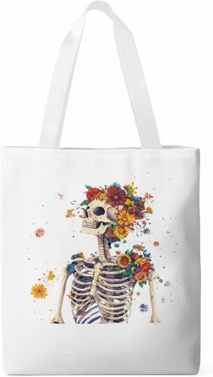 Canvas Bag Ribs Flower Skeleton Canvas Grocery Bag with Long Shoulder Strap Foldable, Washable Shopping Bags Reusable White Shoulder Bag for Women 14x16 inch