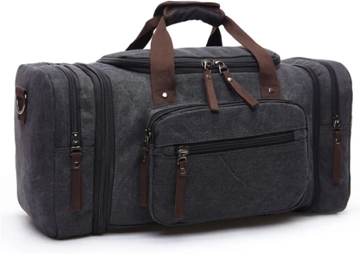 Canvas Duffle Bag for Travel 50L Large Duffel Bag for Men Women, Overnight Weekender Carry on Laptop Bag Outdoor Portable Soft Dense Durable (Black)
