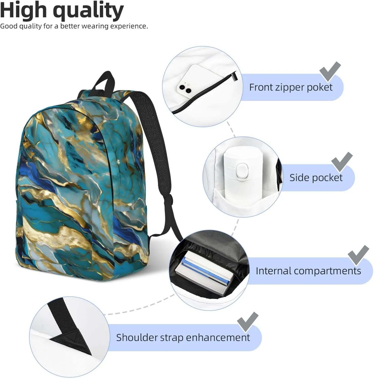 Canvas Fashions Azurite Teal and Foil Gold Oil Marble Pattern Print Backpacks,Casual Lightweight Sports Rucksack Travel Multipurpose Bag