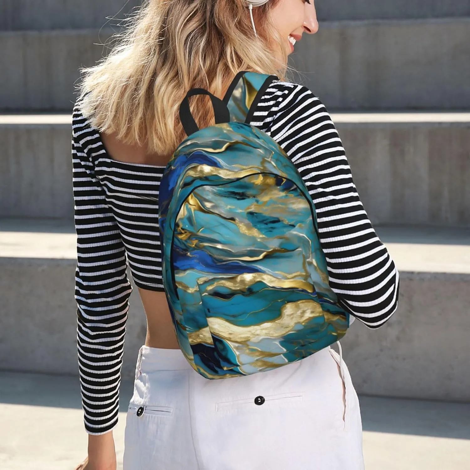 Canvas Fashions Azurite Teal and Foil Gold Oil Marble Pattern Print Backpacks,Casual Lightweight Sports Rucksack Travel Multipurpose Bag