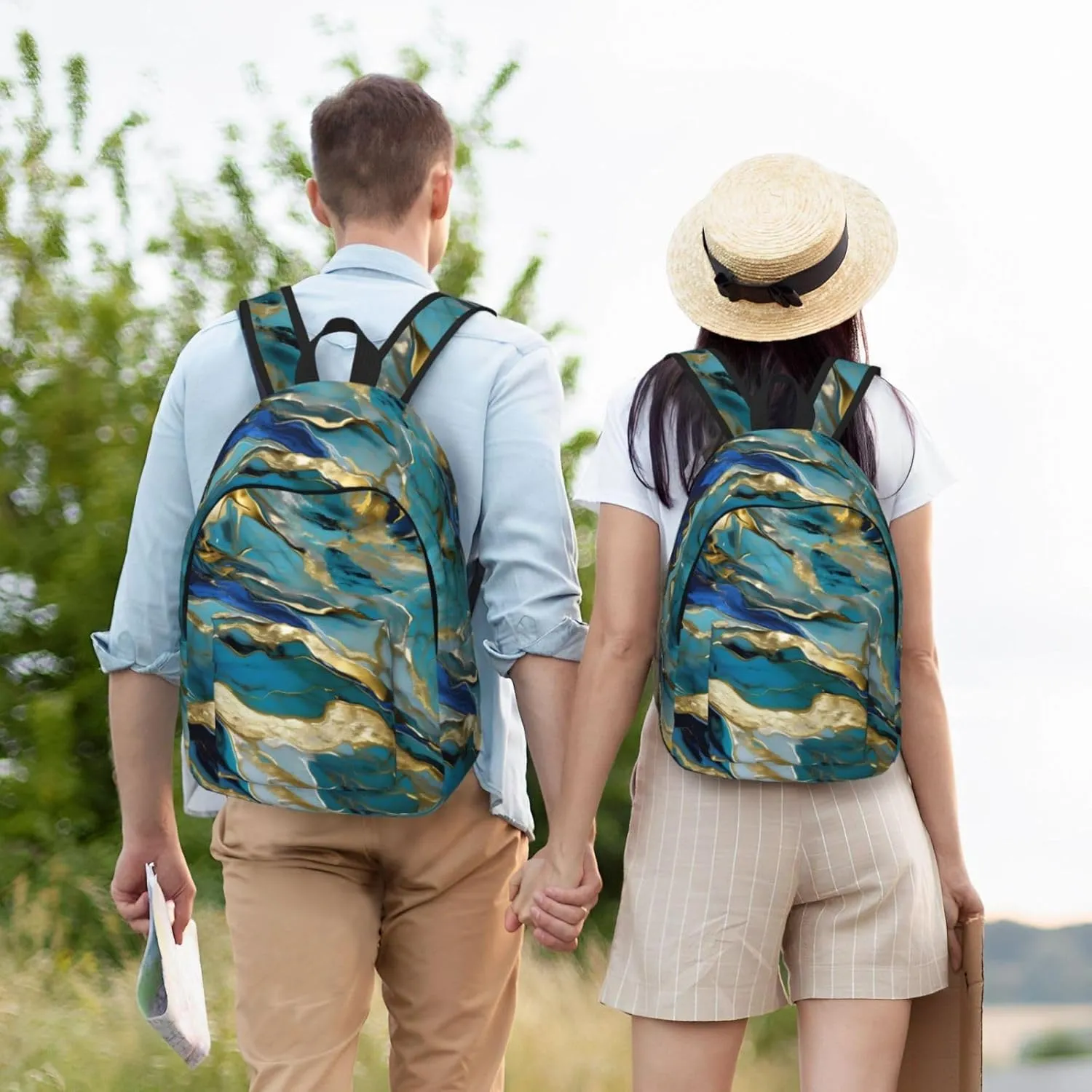 Canvas Fashions Azurite Teal and Foil Gold Oil Marble Pattern Print Backpacks,Casual Lightweight Sports Rucksack Travel Multipurpose Bag