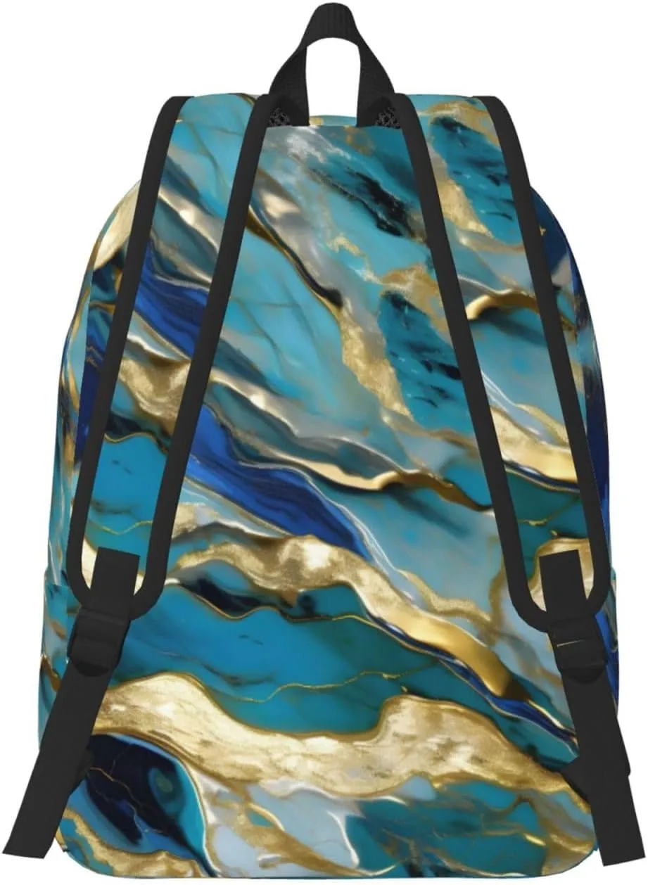 Canvas Fashions Azurite Teal and Foil Gold Oil Marble Pattern Print Backpacks,Casual Lightweight Sports Rucksack Travel Multipurpose Bag