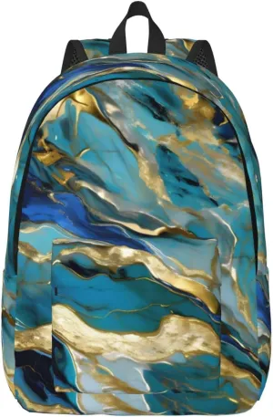 Canvas Fashions Azurite Teal and Foil Gold Oil Marble Pattern Print Backpacks,Casual Lightweight Sports Rucksack Travel Multipurpose Bag
