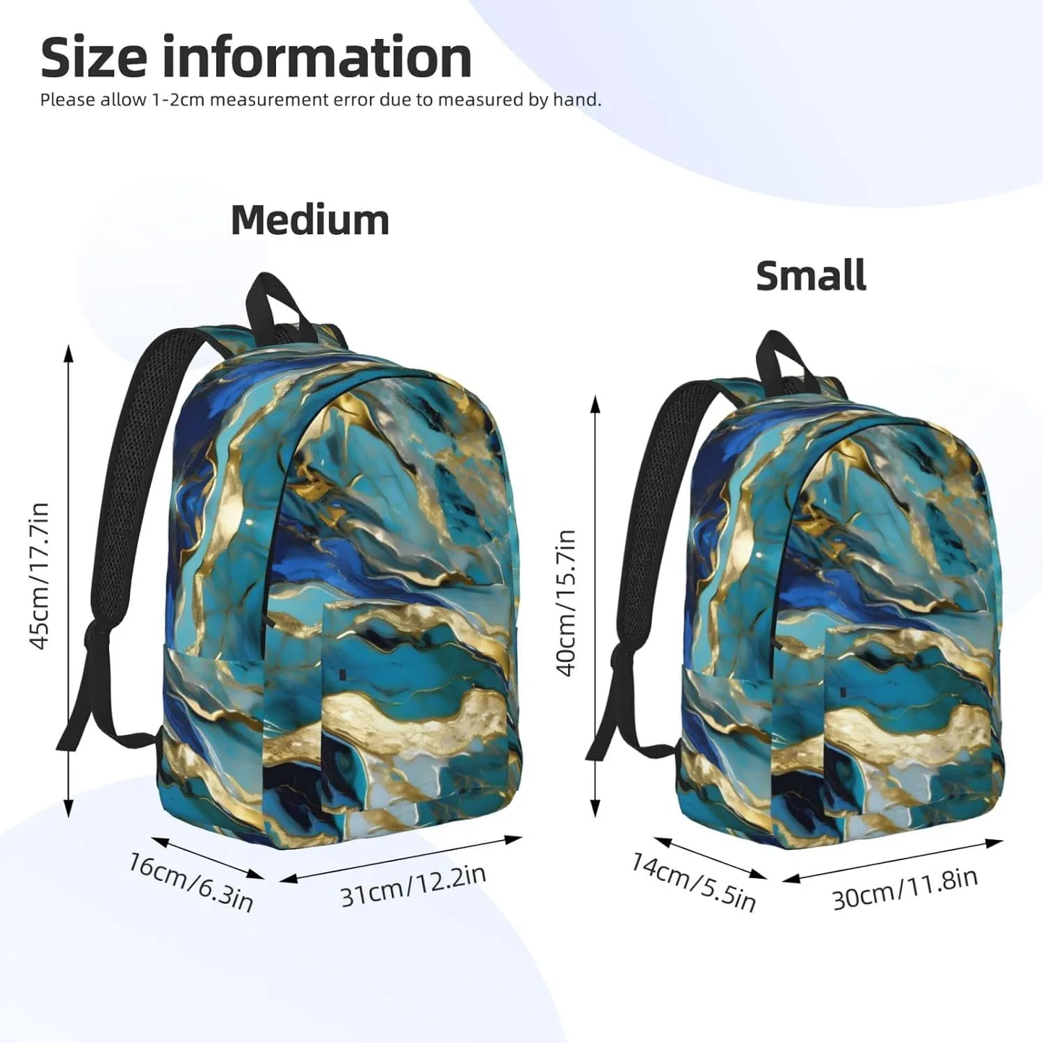Canvas Fashions Azurite Teal and Foil Gold Oil Marble Pattern Print Backpacks,Casual Lightweight Sports Rucksack Travel Multipurpose Bag
