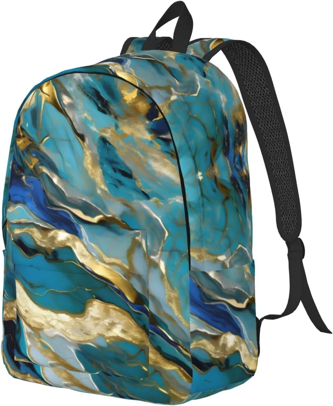 Canvas Fashions Azurite Teal and Foil Gold Oil Marble Pattern Print Backpacks,Casual Lightweight Sports Rucksack Travel Multipurpose Bag