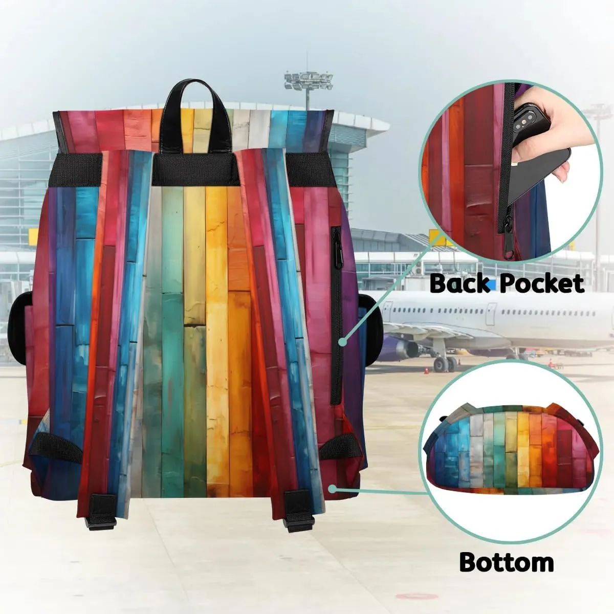 Canvas Laptop Backpack, Wood Grain Laptop Backpacks Rucksack for Men Women, Travel Work Rucksack High Capacity Rainbow Stripes Vintage Backpack